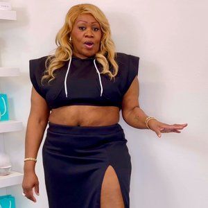 Lovelywholesale Plus Size Hooded Collar Drawstring High Split Skirt Set